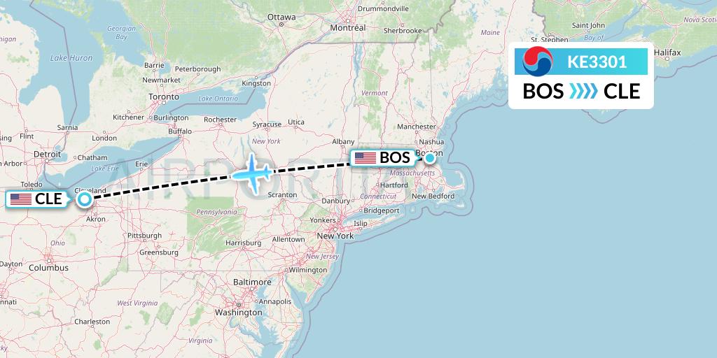KE3301 Korean Air Flight Map: Boston to Cleveland