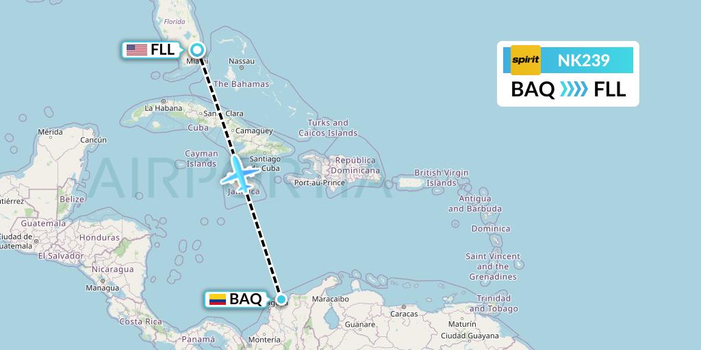 NK239 Spirit Airlines Flight Map: Barranquilla to Fort Lauderdale