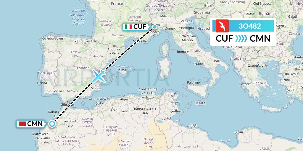 3O482 Air Arabia Maroc Flight Map: Cuneo to Casablanca