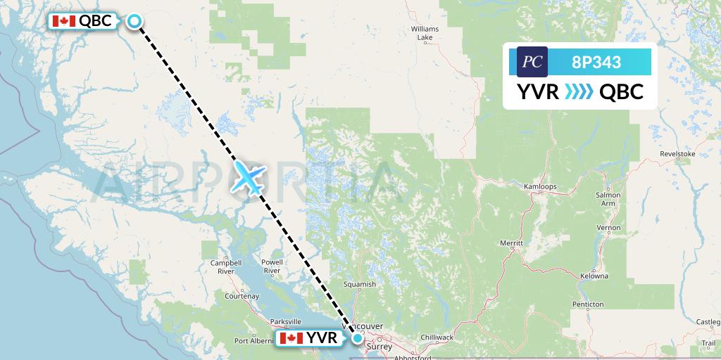 8P343 Pacific Coastal Airlines Flight Map: Vancouver to Bella Coola