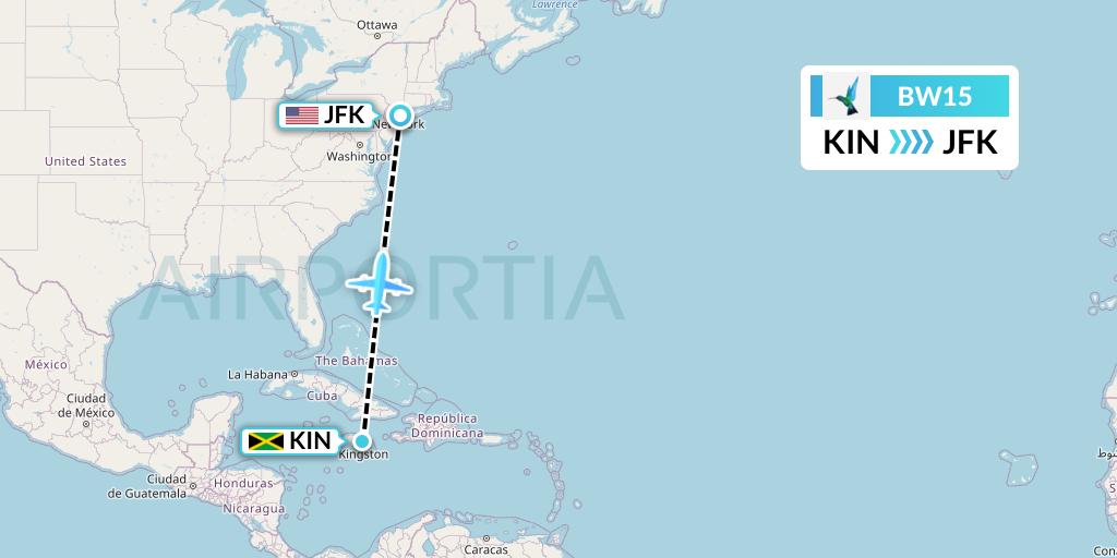 BW15 Caribbean Airlines Flight Map: Kingston to New York