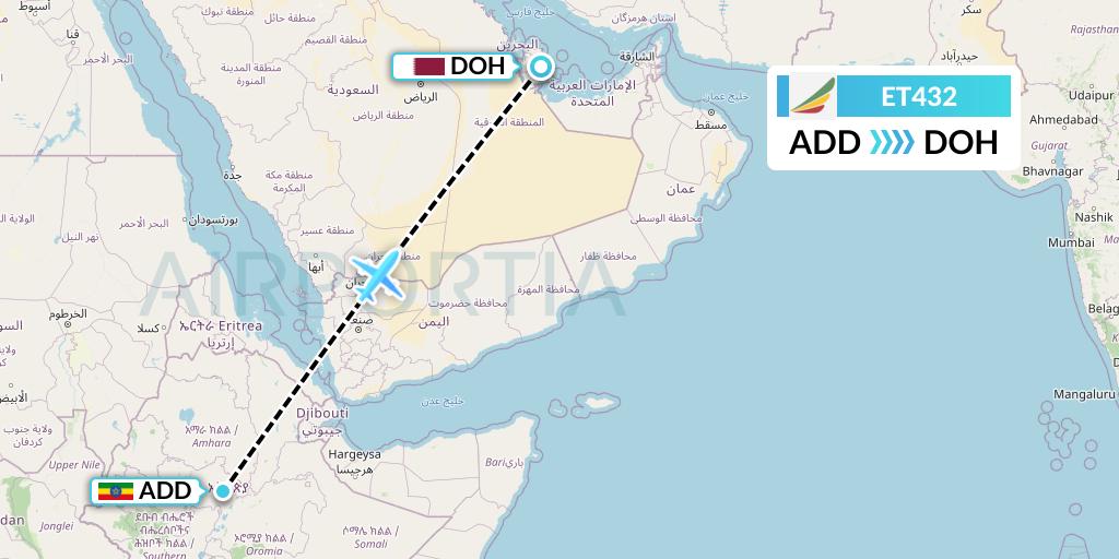 ET432 Ethiopian Airlines Flight Map: Addis Ababa to Doha