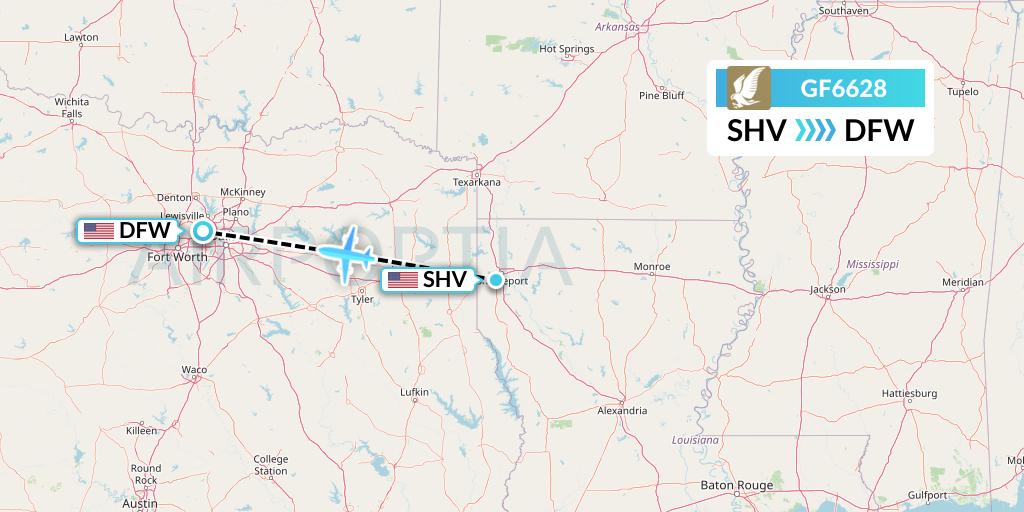 GF6628 Gulf Air Flight Map: Shreveport to Dallas