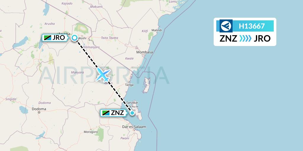 H13667 Hahn Air Systems Flight Map: Zanzibar to Kilimanjaro