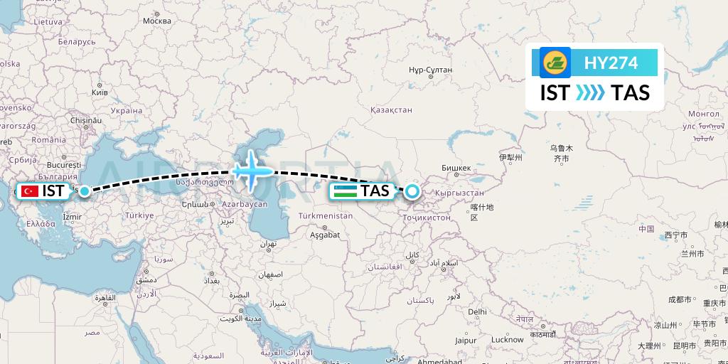 HY274 Uzbekistan Airways Flight Map: Istanbul to Tashkent