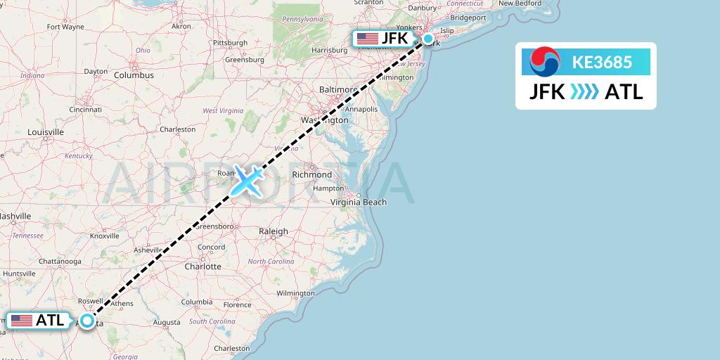 KE3685 Korean Air Flight Map: New York to Atlanta