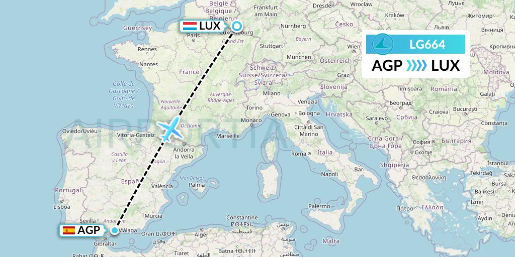 LG664 Luxair Flight Map: Malaga to Luxembourg