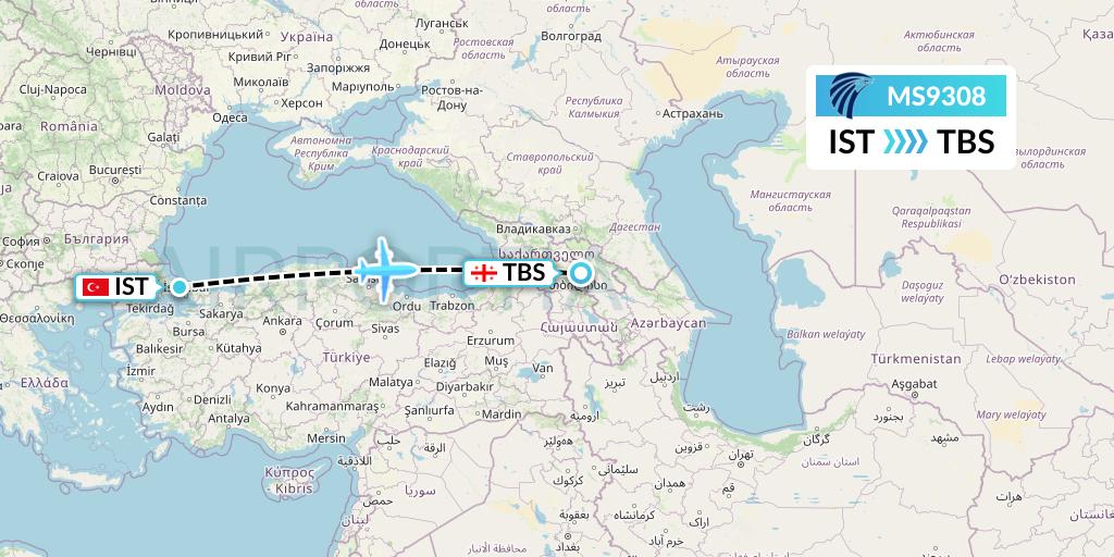 MS9308 EgyptAir Flight Map: Istanbul to Tbilisi
