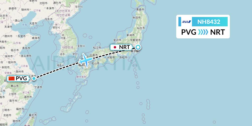 NH8432 All Nippon Airways Flight Map: Shanghai to Tokyo