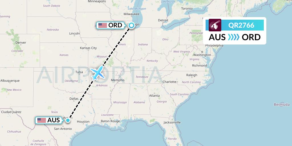 QR2766 Qatar Airways Flight Map: Austin to Chicago