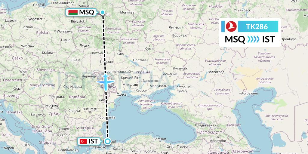 TK286 Turkish Airlines Flight Map: Minsk to Istanbul