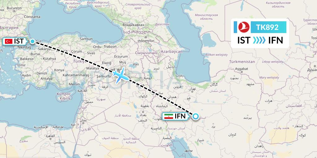 TK892 Turkish Airlines Flight Map: Istanbul to Isfahan
