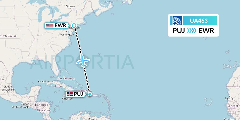 UA463 United Airlines Flight Map: Punta Cana to New York