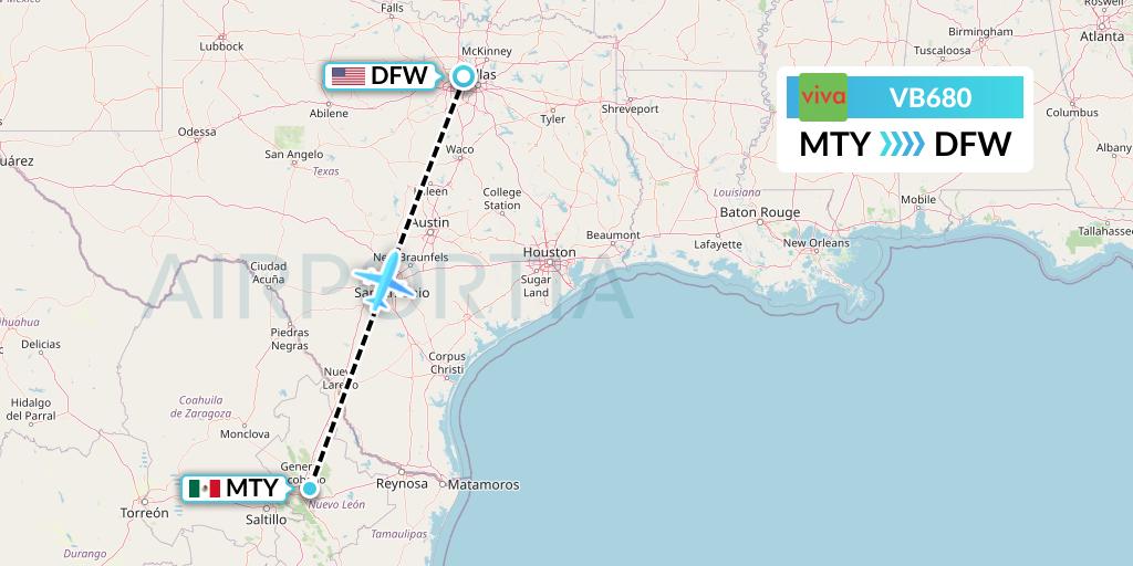 VB680 VivaAerobus Flight Map: Monterrey to Dallas