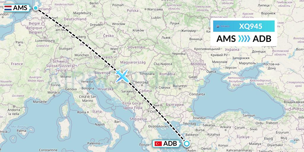 XQ945 SunExpress Flight Map: Amsterdam to Izmir
