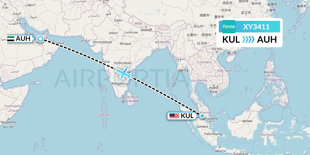 XY3411 Flynas Flight Map: Kuala Lumpur to Abu Dhabi