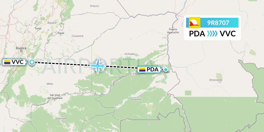 9R8707 Satena Flight Map: Puerto Inirida to Villavicencio