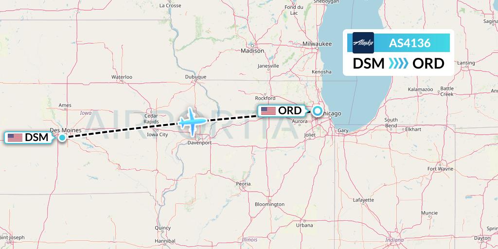 AS4136 Alaska Airlines Flight Map: Des Moines to Chicago
