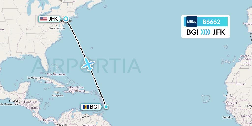 B6662 JetBlue Airways Flight Map: Bridgetown to New York