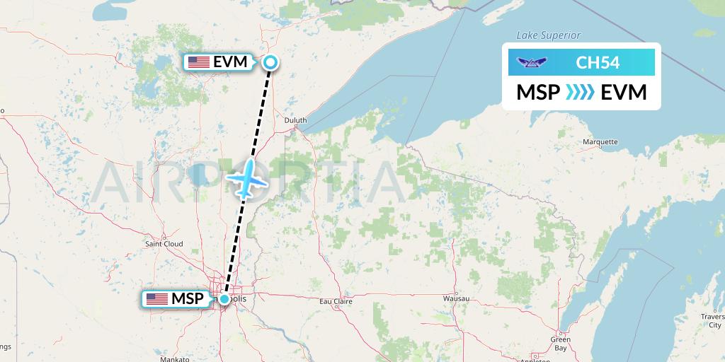 CH54 Bemidji Airlines Flight Map: Minneapolis to Eveleth