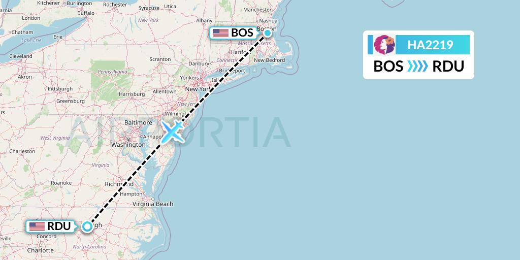 HA2219 Hawaiian Airlines Flight Map: Boston to Raleigh-Durham