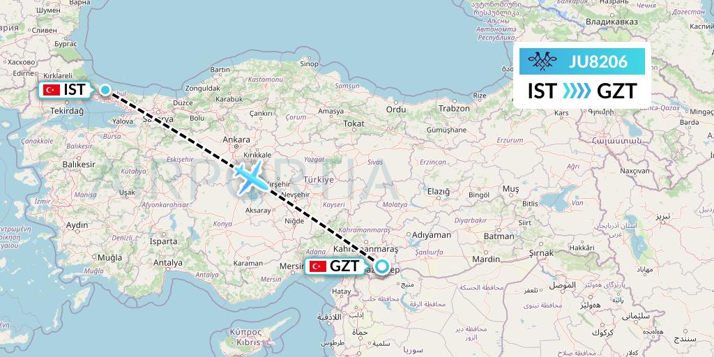 JU8206 AirSERBIA Flight Map: Istanbul to Gaziantep