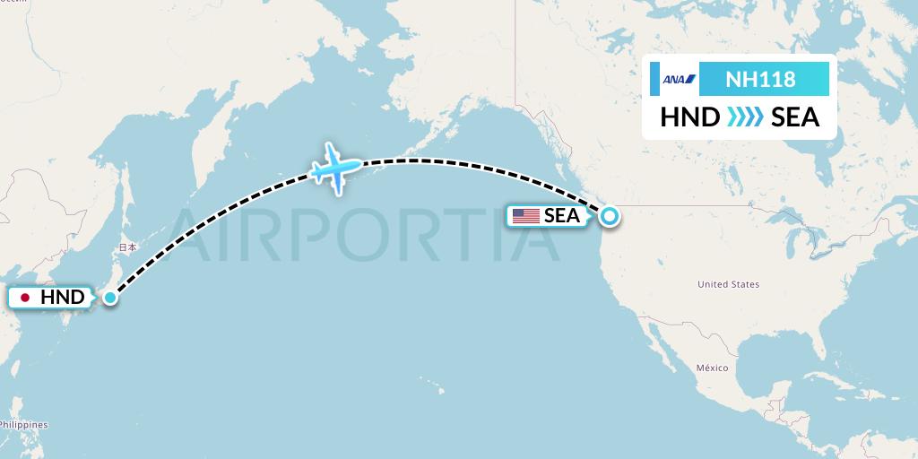NH118 All Nippon Airways Flight Map: Tokyo to Seattle