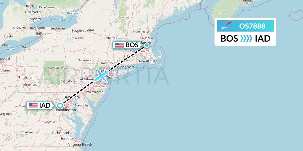 OS7888 Austrian Airlines Flight Map: Boston to Washington