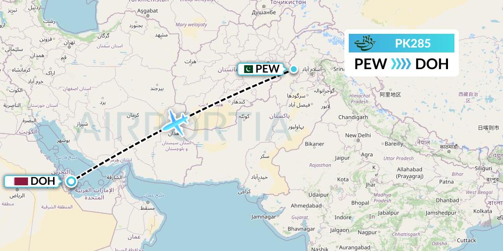 PK285 Pakistan International Airlines Flight Map: Peshawar to Doha