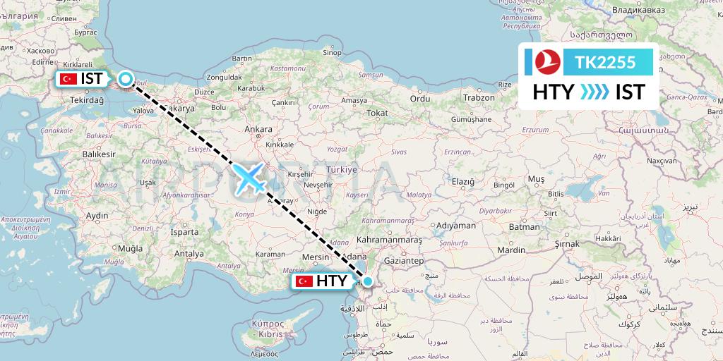 TK2255 Turkish Airlines Flight Map: Antakya to Istanbul