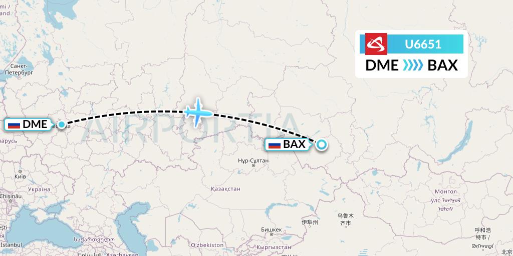 U6651 Ural Airlines Flight Map: Moscow to Barnaul