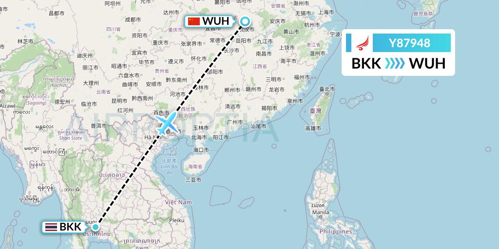Y87948 Yangtze River Express Flight Map: Bangkok to Wuhan