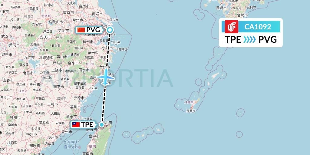 CA1092 Air China Flight Map: Taipei to Shanghai