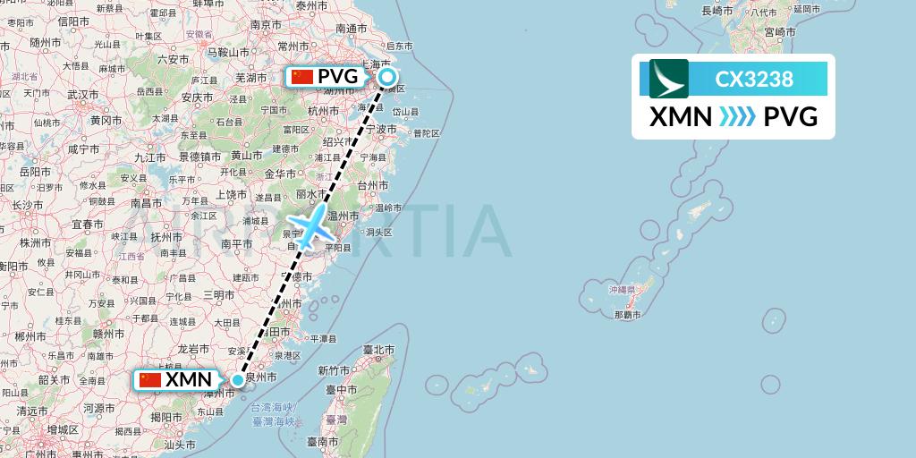 CX3238 Cathay Pacific Flight Map: Xiamen to Shanghai