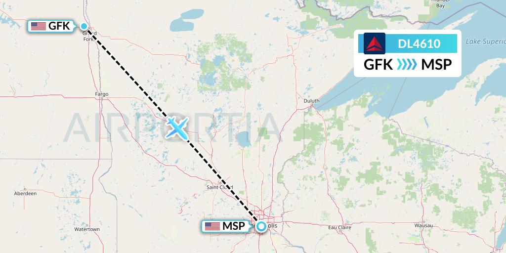 DL4610 Delta Air Lines Flight Map: Grand Forks to Minneapolis