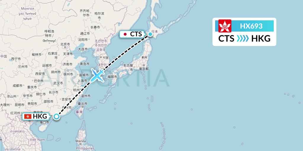 HX693 Hong Kong Airlines Flight Map: Sapporo to Hong Kong