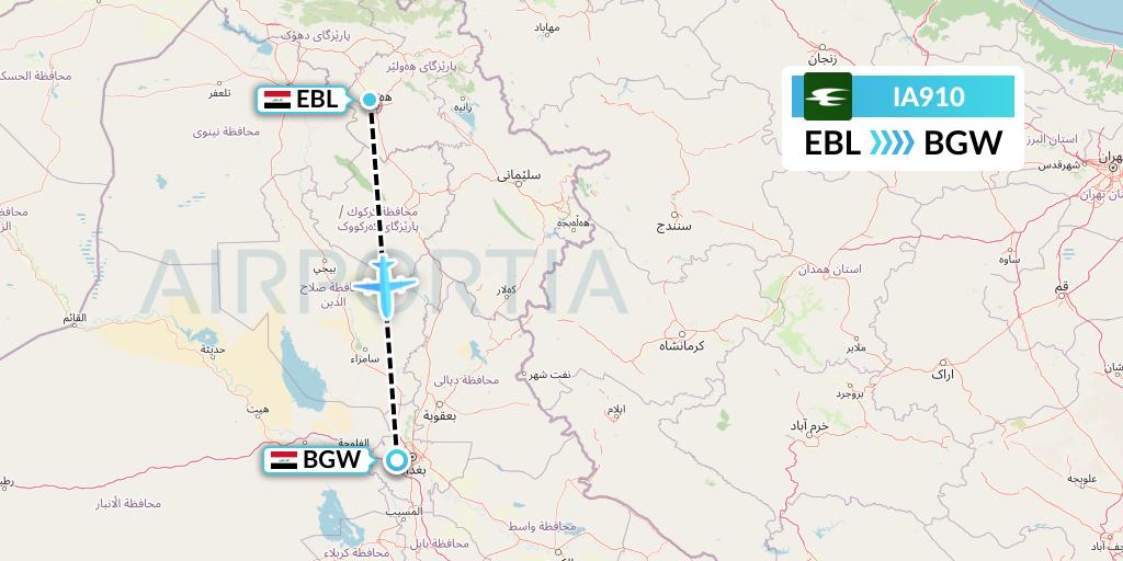 IA910 Iraqi Airways Flight Map: Arbil to Baghdad