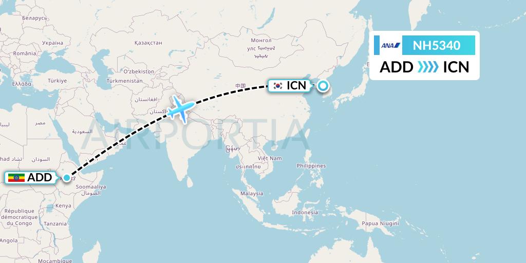 NH5340 All Nippon Airways Flight Map: Addis Ababa to Seoul