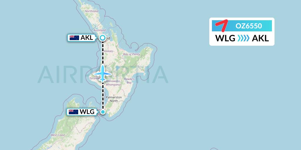 OZ6550 Asiana Airlines Flight Map: Wellington to Auckland