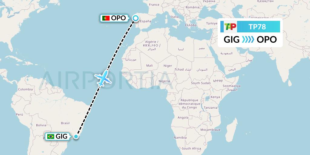 TP78 TAP Portugal Flight Map: Rio de Janeiro to Porto