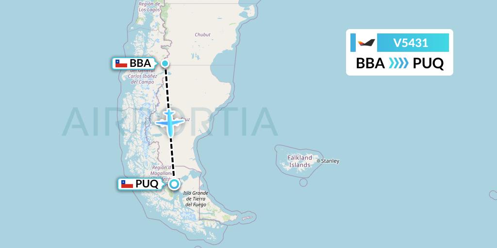 V5431 Aerovias DAP Flight Map: Balmaceda to Punta Arenas