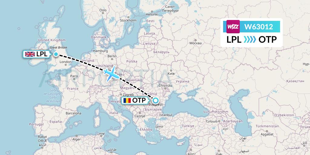 W63012 Wizz Air Flight Map: Liverpool to Bucharest
