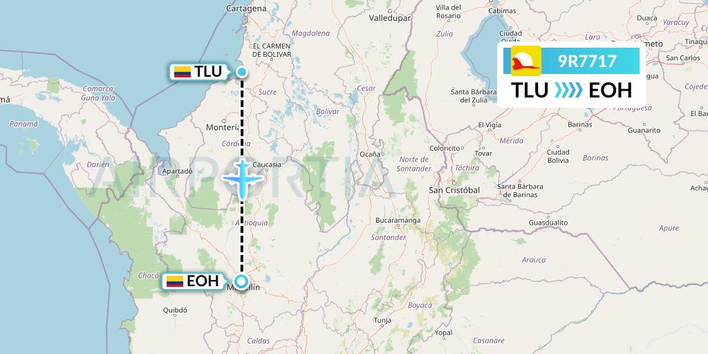 9R7717 Satena Flight Map: Tolu to Medellin