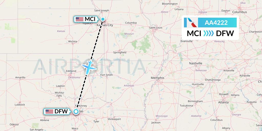 AA4222 American Airlines Flight Map: Kansas City to Dallas