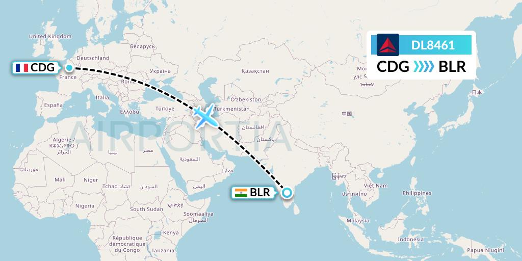 DL8461 Delta Air Lines Flight Map: Paris to Bangalore