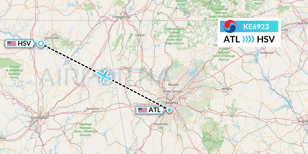 KE6923 Korean Air Flight Map: Atlanta to Huntsville