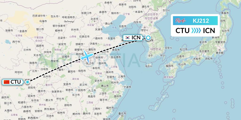 KJ212 Air Incheon Flight Map: Chengdu to Seoul