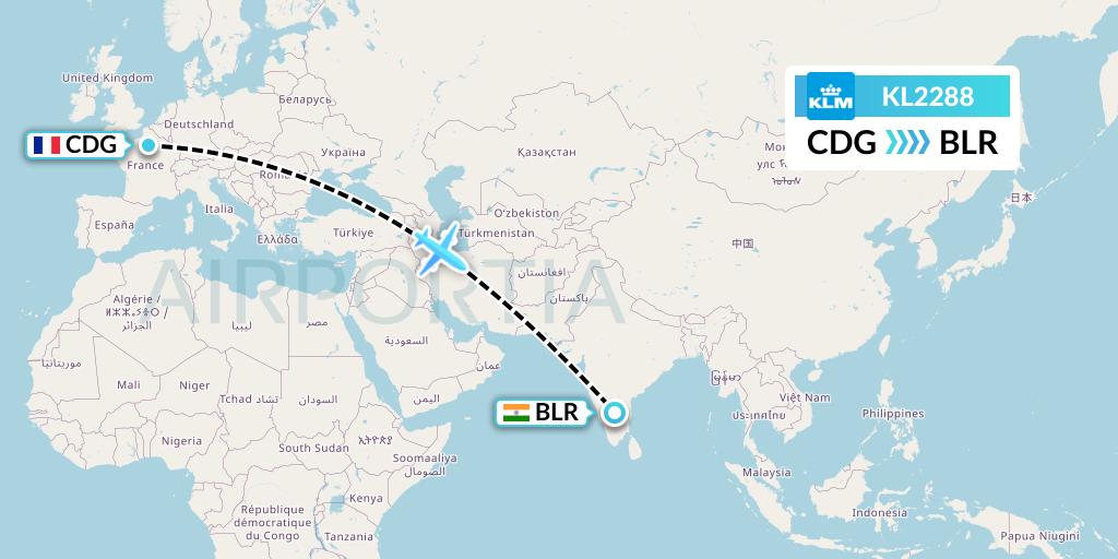 KL2288 KLM Flight Map: Paris to Bangalore