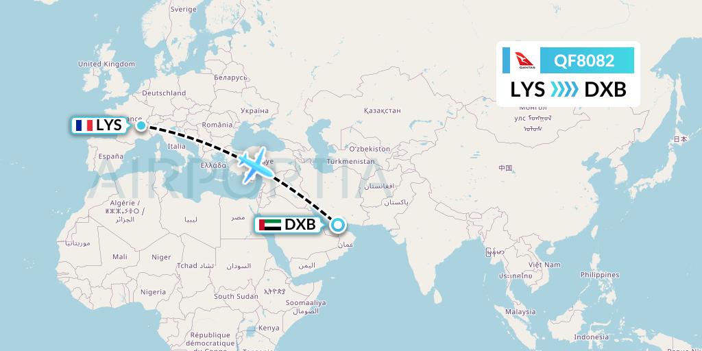QF8082 Qantas Flight Map: Lyon to Dubai