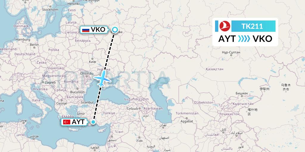 TK211 Turkish Airlines Flight Map: Antalya to Moscow